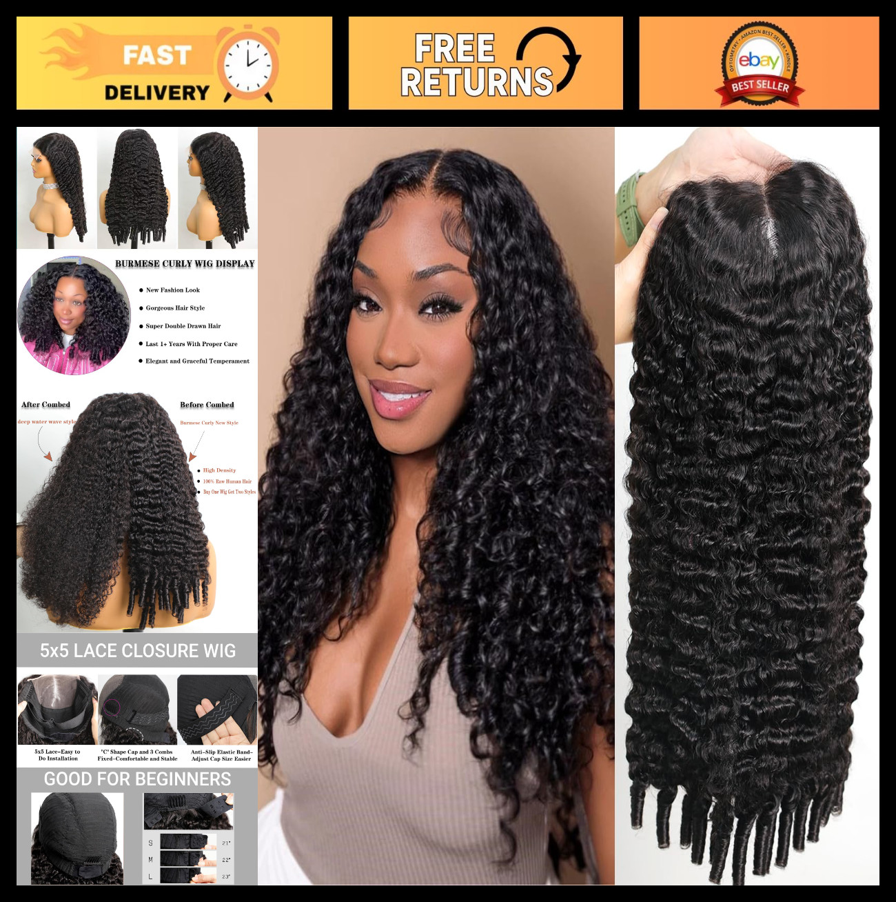 250 Density 30″ Burmese Curly Human Hair Wig – 5×5 HD Lace Closure, Pre-Plucked,