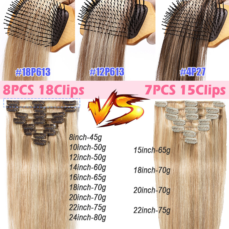 Smooth 8Pieces Clip In Human Remy Hair Extensions 100% Real Full Head Blonde USA