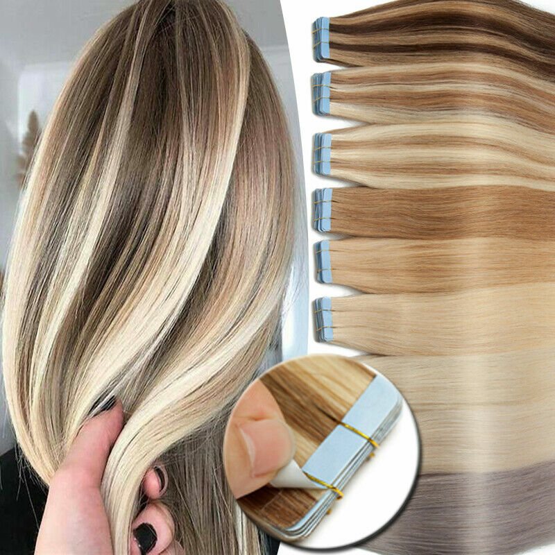 Adhesive Tape in Hair Extensions Invisible Skin Wefts Human Hair Balayage Blonde