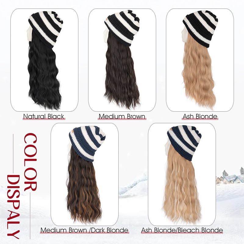 8 In Hat Wig With Hair Attached For Women Black White Brown Baseball Beanie Cap
