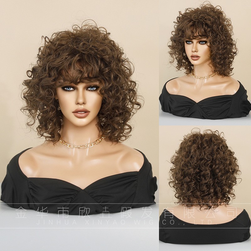 Custom Short Tight Curly Wig with Bangs Rose Net Cap Machine Made Synthetic