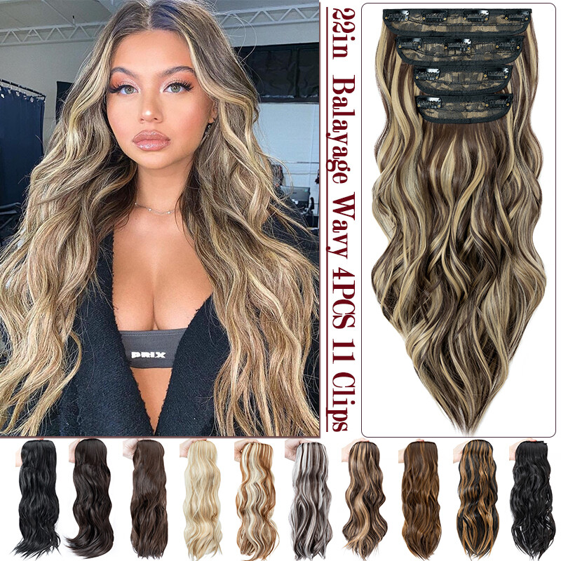 4PCS Clip In 100%Real THICK as Human Hair Extension Full Head Highlight Balayage