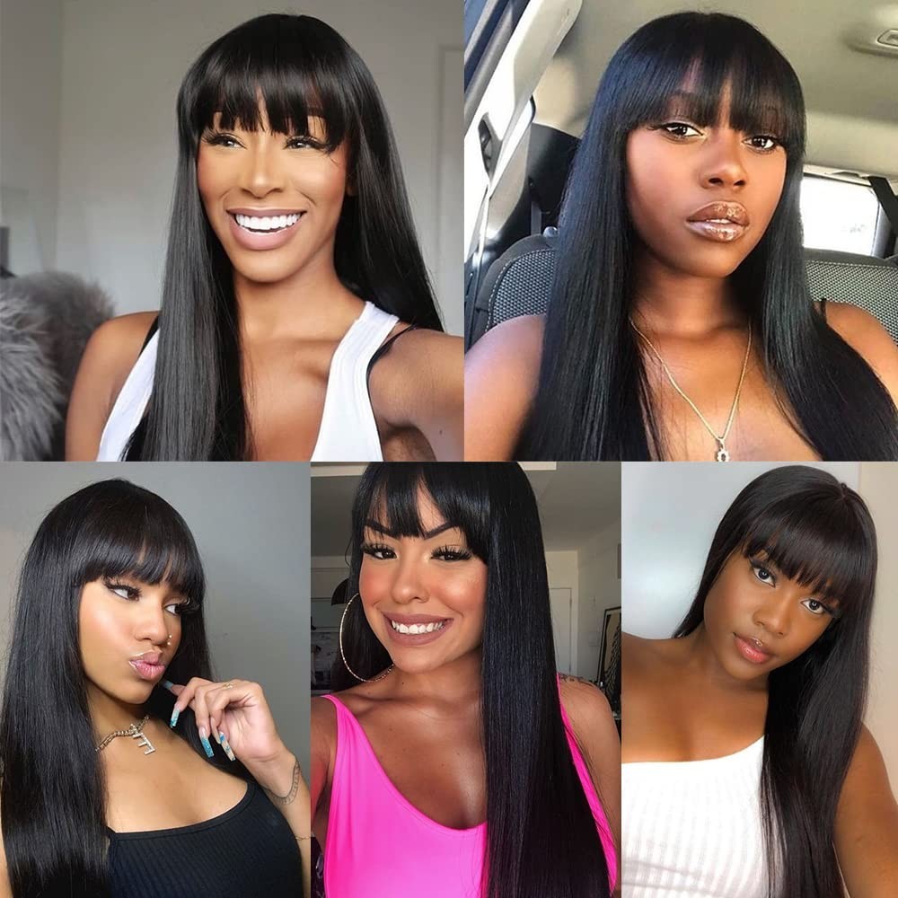 Synthetic Hair Wig 24 Inch Black Straight No Lace Full Bangs Youthful Style