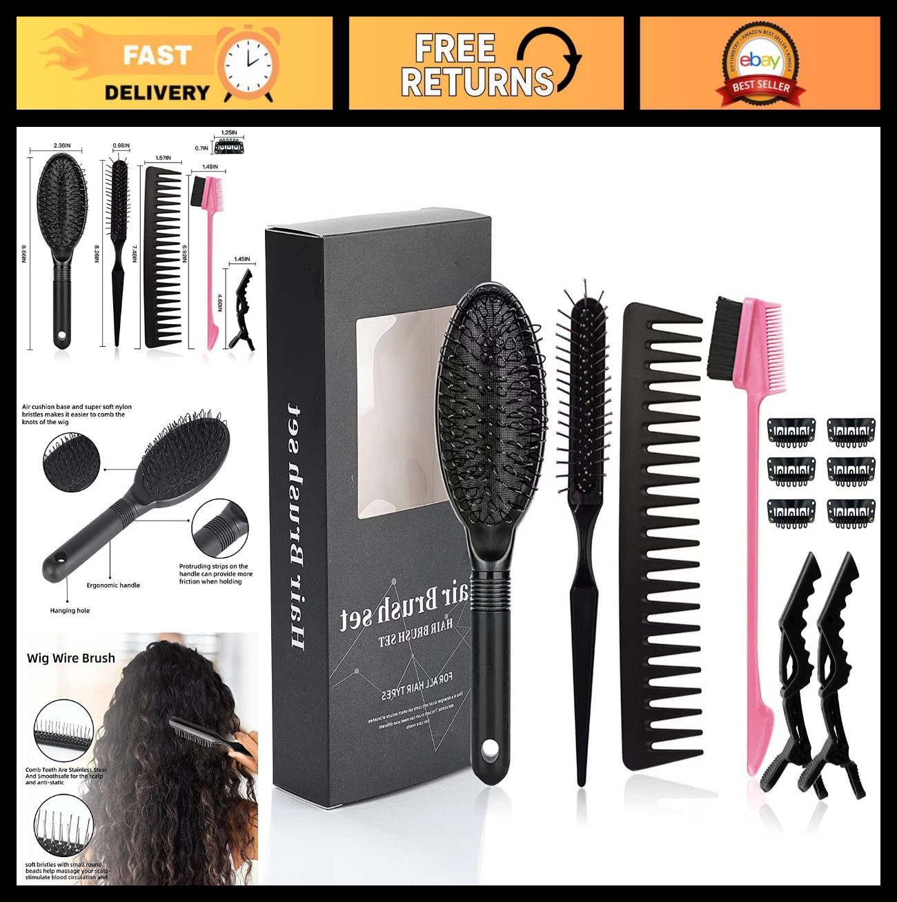 12Pcs Wig Styling Set – Massage Brush, Wide-Tooth Comb, Edge Brush & Clips for W