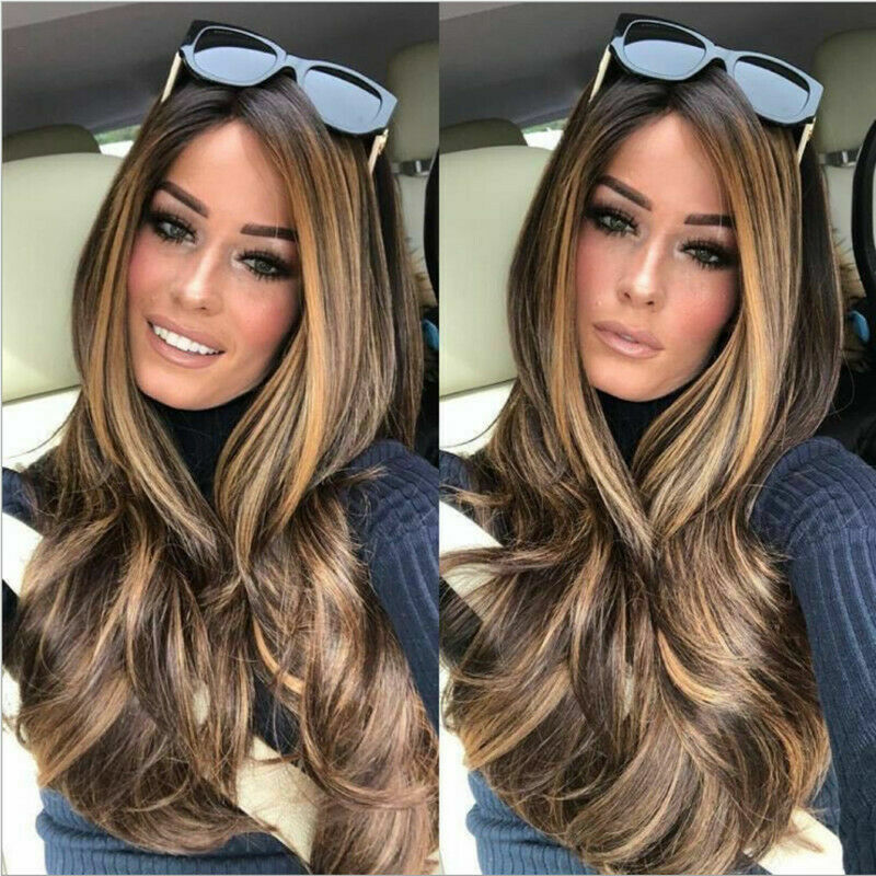 23″ Golden Brown to Gold Ombre Long Wavy Curly Blonde Wig Women’s Synthetic Hair