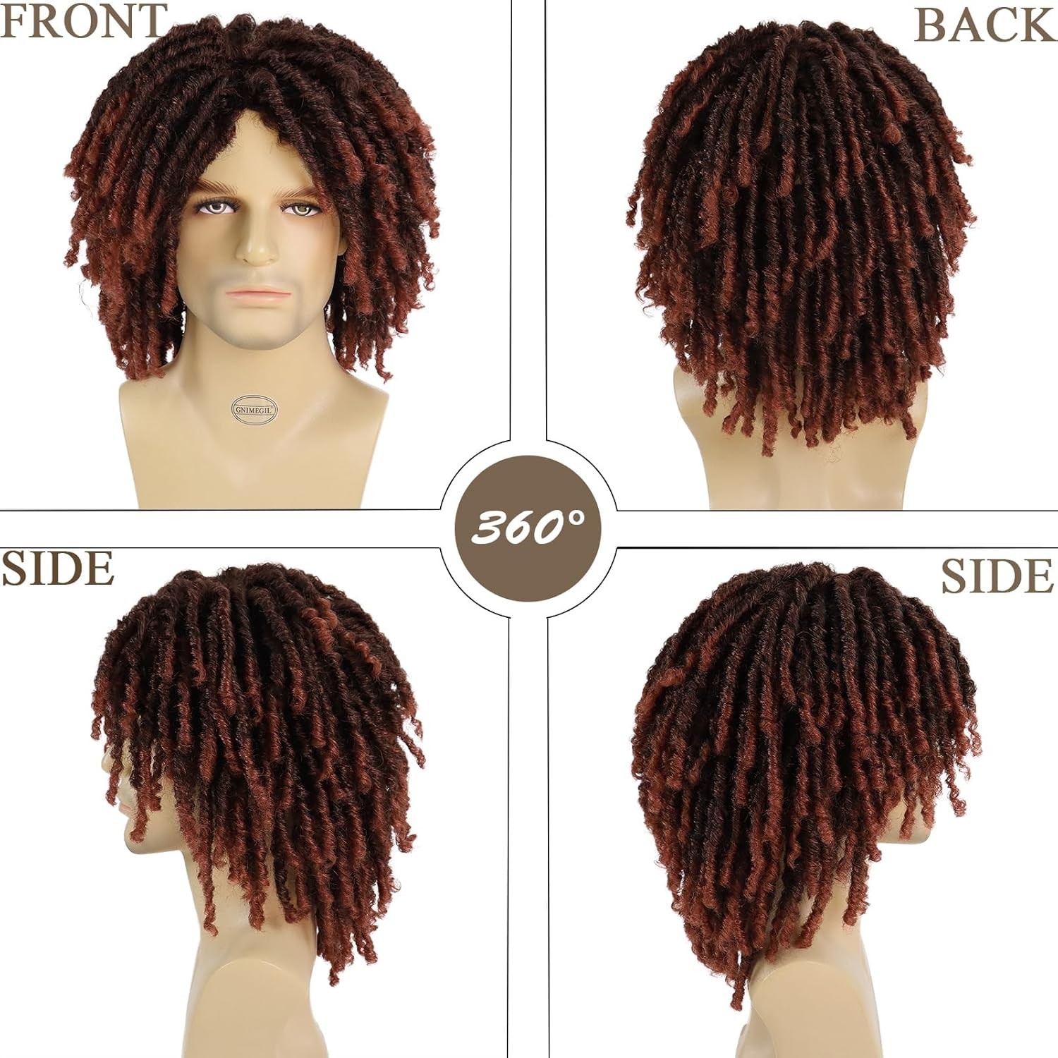 GNIMEGIL Short Fake Dreads Wigs for Men Dreadlock Wig Ombre Auburn Crochet Twist