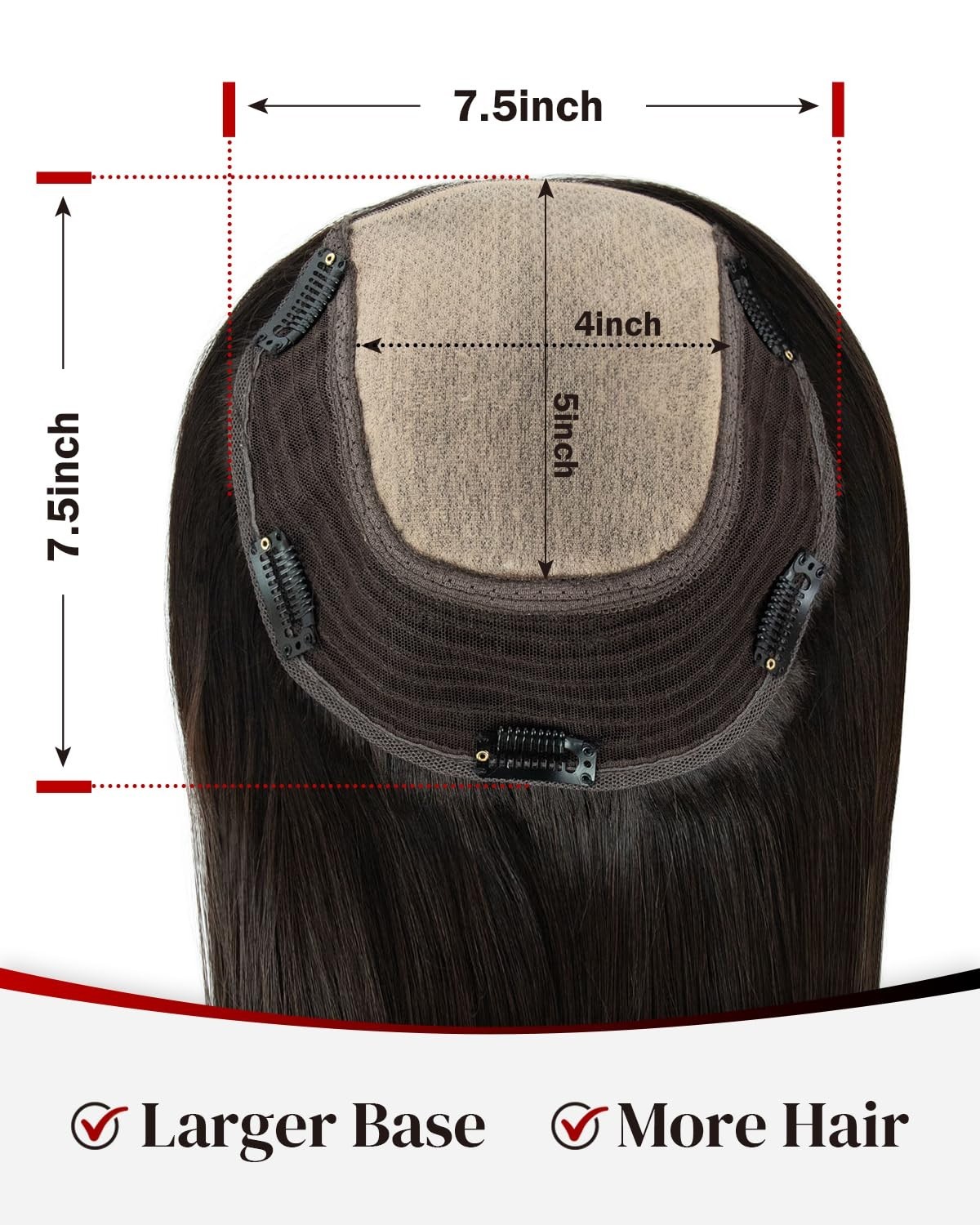 16in Human Hair Topper for Women 7.5×7.5in Injected Silk Base 130% Density #1B