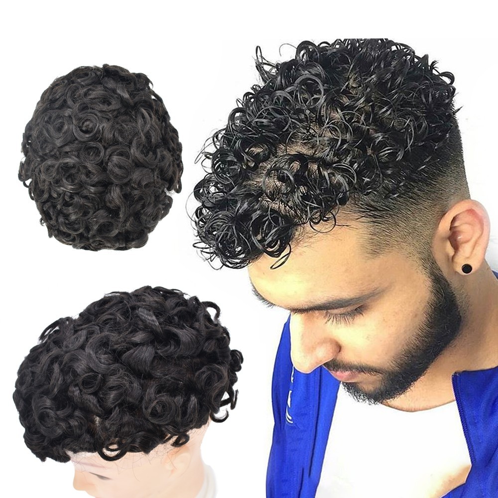 Afro Curl Mens Toupee Replacement Full Poly Skin Pu African American Hair