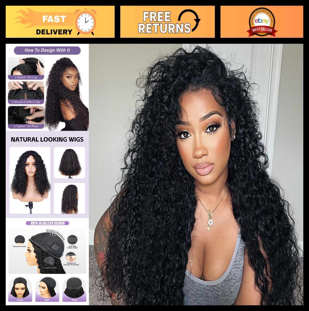 Water Wave Half Wig Human Hair 22″ – 180% Density, Adjustable Drawstring, Gluele