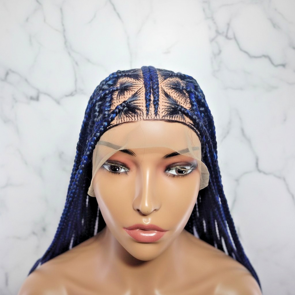 Braided Wig Full Lace Baby Hair. Blue & Black Braids. 32 inches