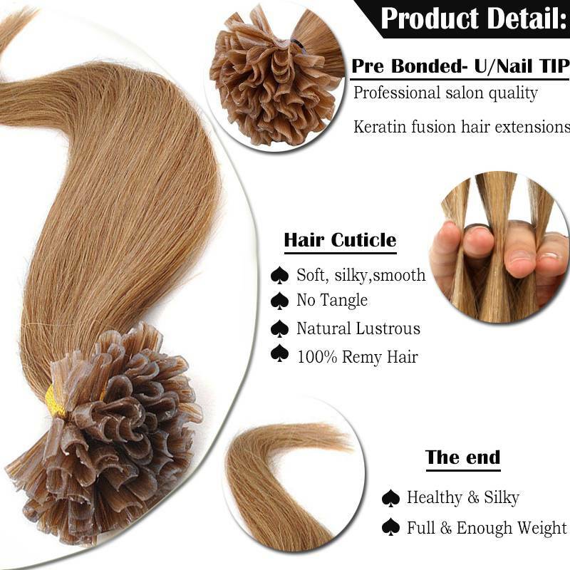 Keratin 100G U Nail Tip Remy Human Hair Extensions Balayage Blonde Pre Bonded 8A