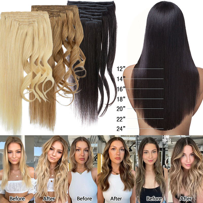 Thick Clip In Remy Human Hair Extensions Double Weft Full Head Long 200g US N322