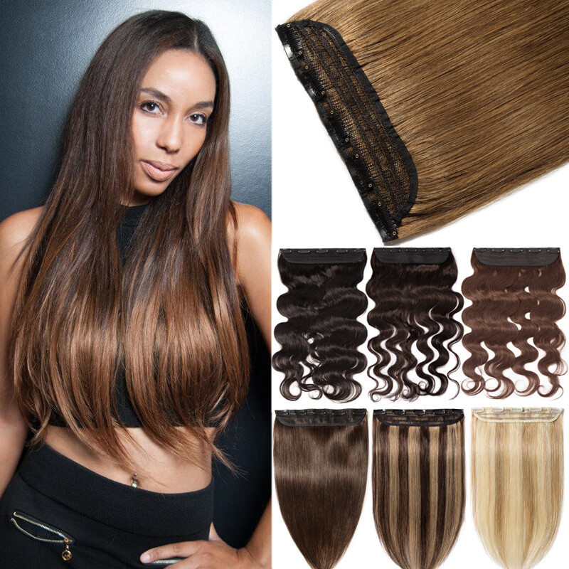10-24inch One Piece Clip In 100% Real Human Hair Extensions Black Brown Ombre US