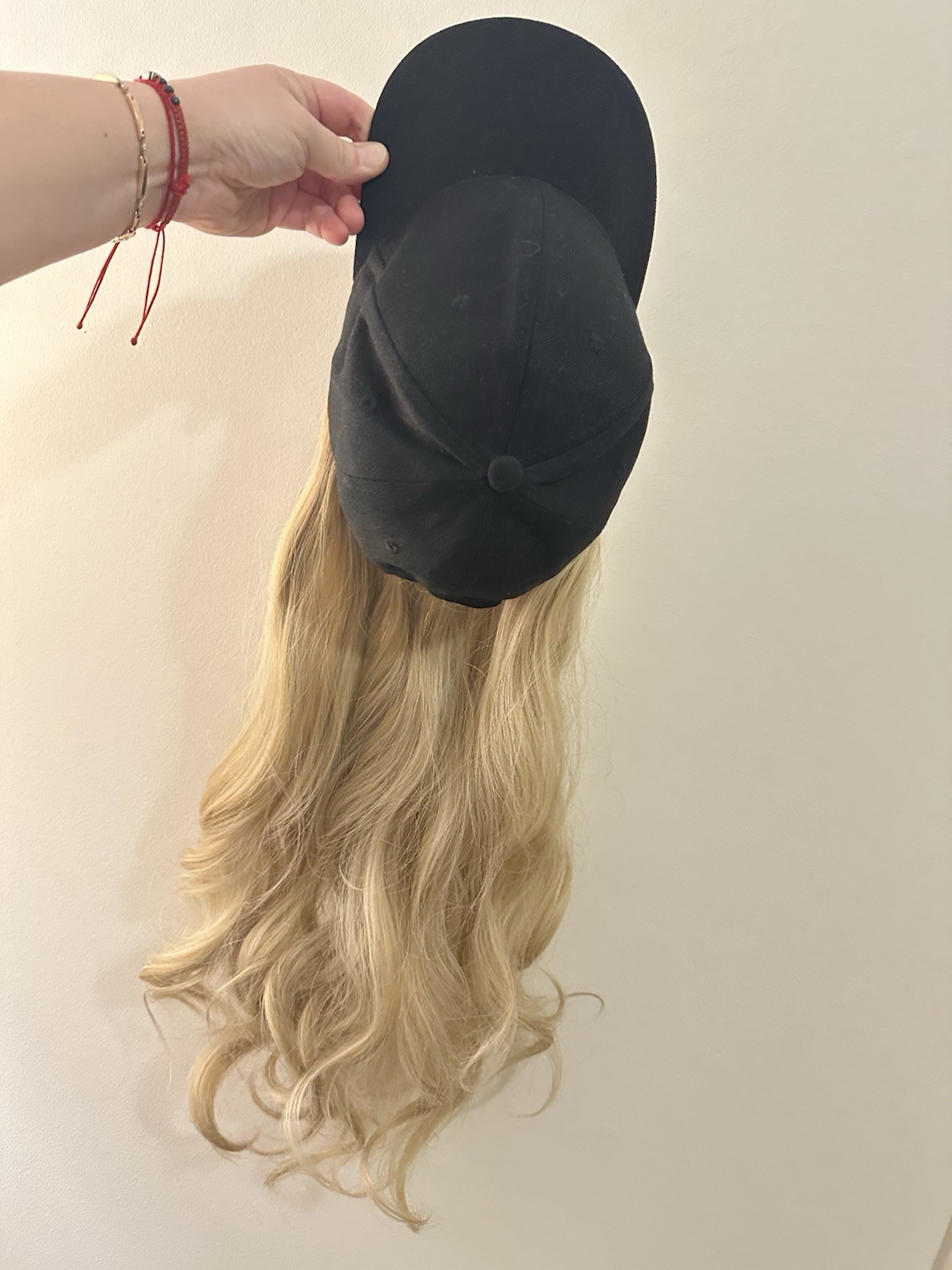 Baseball Hat Wig, attached 24” Adjustable Black Cap with Long Wavy Synthetic