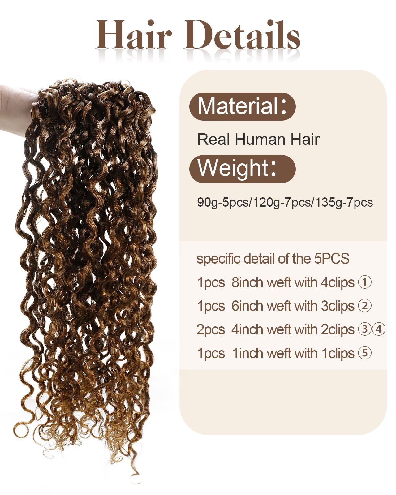 Hetto Curly Clip In Hair Extensions – Medium Brown 120G 7Pcs 22 Inch Nw – 3B-3C