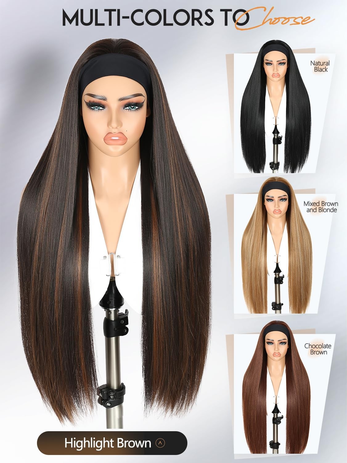 Highlight Headband Wigs for Black Women 30 inch Mixed Brown Straight Half Wig…