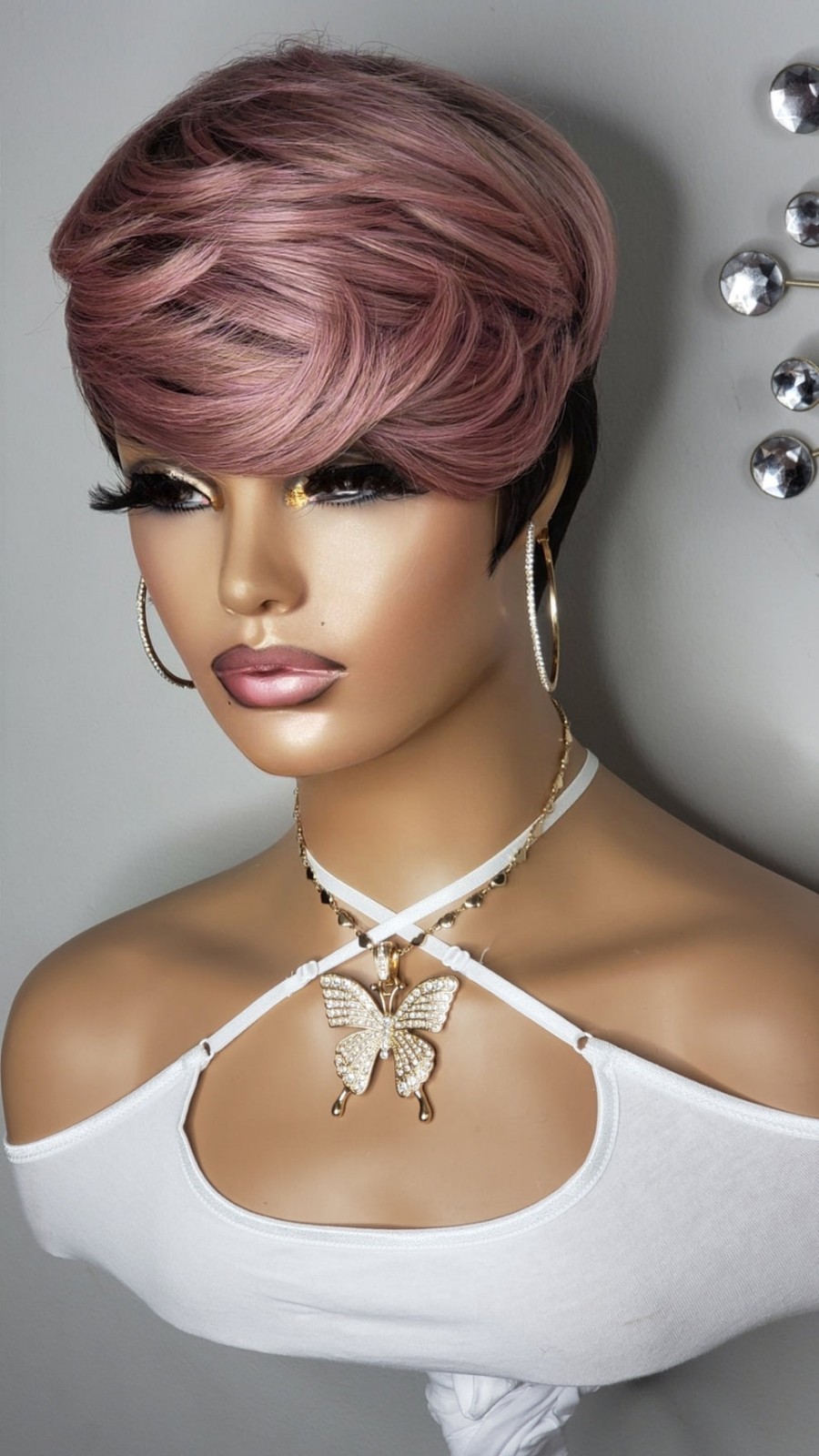 New Short Cut Pixie Style Full Cap Wig Pink Black 2 Tone Style Womens Hair Wigs