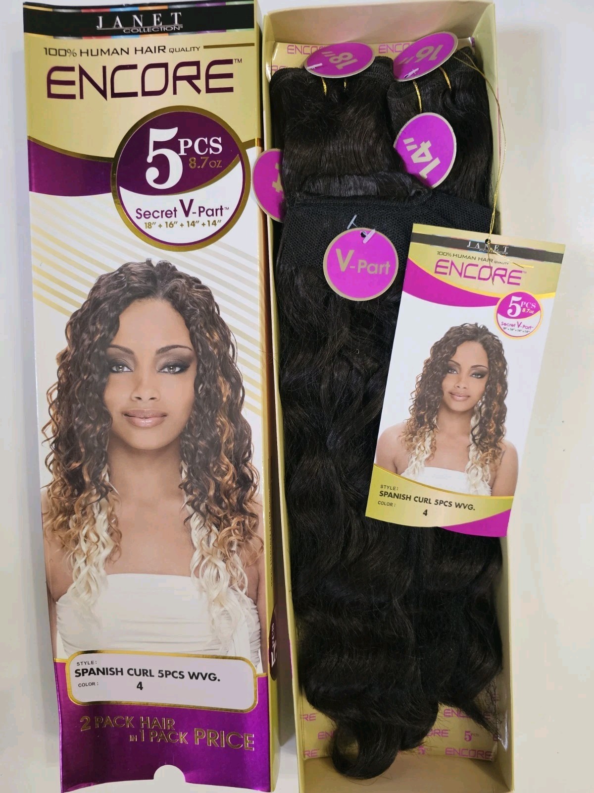 100% HUMAN HAIR QUALITY Encore Janet Spanish Curl 5 PIECES SECRET V PART