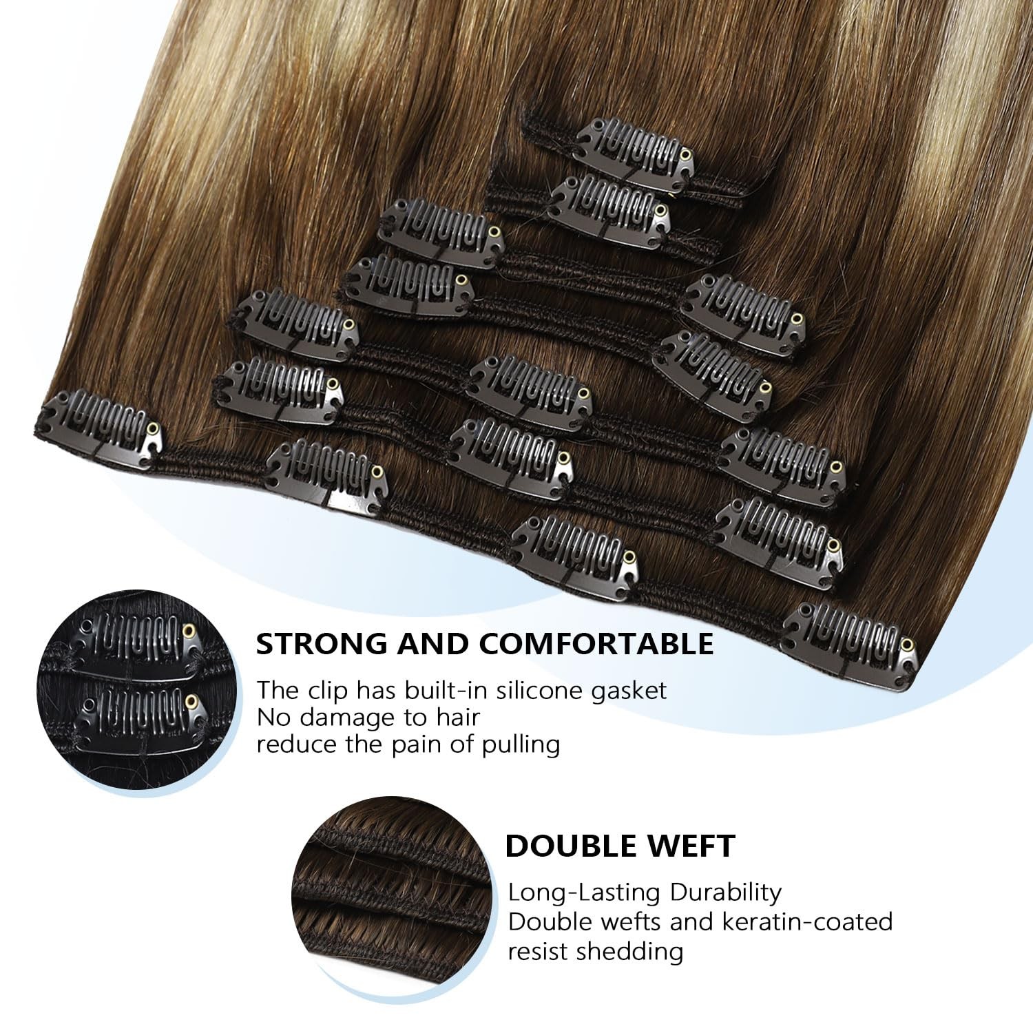 Clip in Hair Extensions Real Human Hair, 18inch 120g 7Pcs 3/8/22 Walnut Brown…