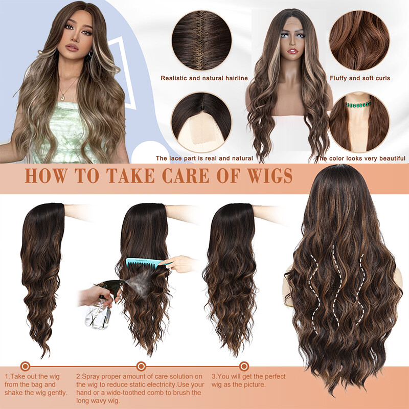 Women Ladies Brown Blonde Wig Long Hair Curly Straight Bangs Full Wigs Glueless