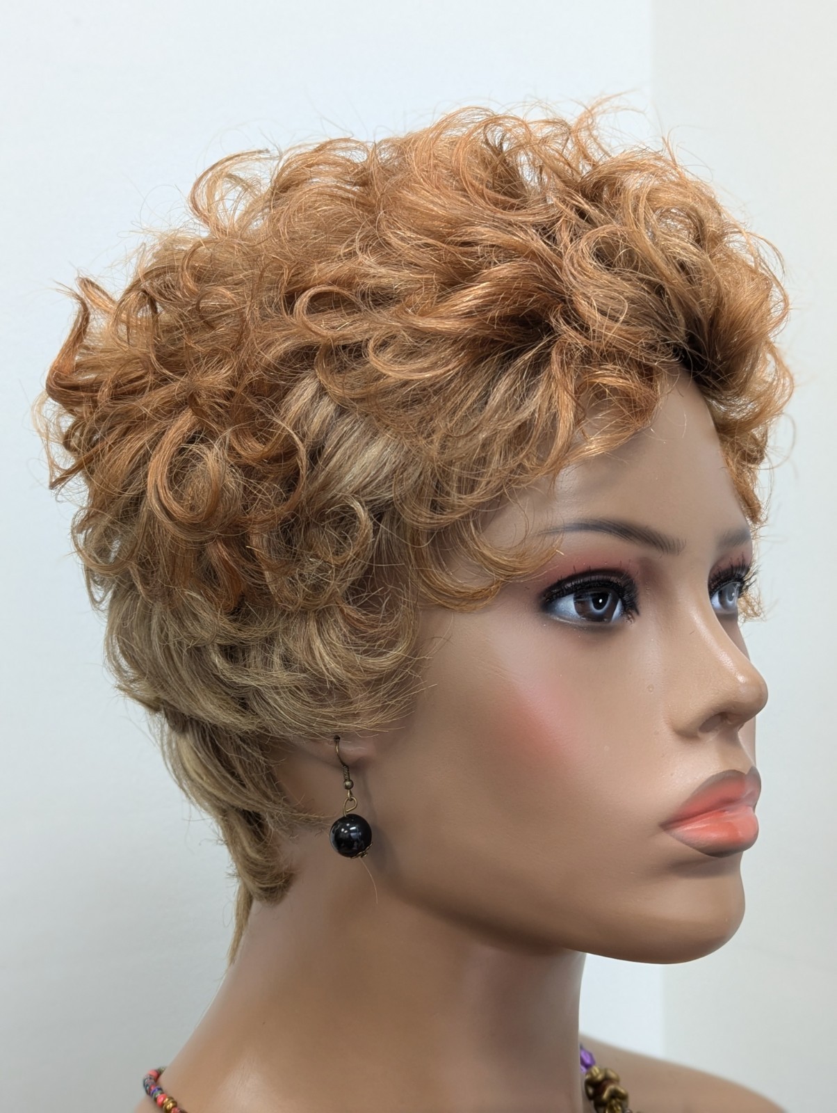 Human Hair Short Pixie Cut With Bangs Light Aurburn Mixed Blonde Wig