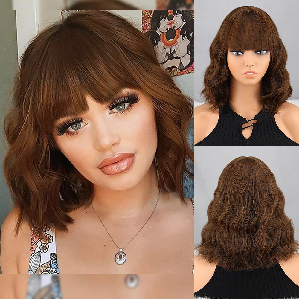New Short Brown Synthetic Wig Women’s Bangs Dark Blue Pink Black Wig Party Use