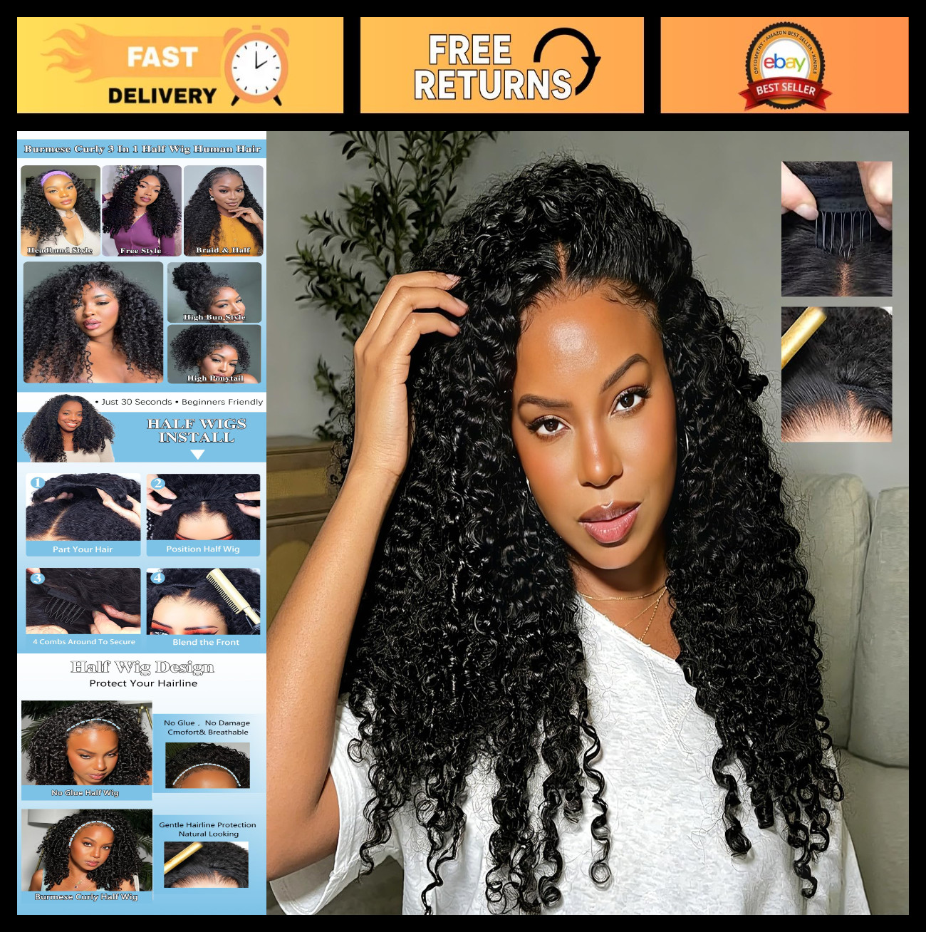 30″ Curly Human Hair Half Wig – 3-in-1 Glueless Drawstring Headband for Black Wo