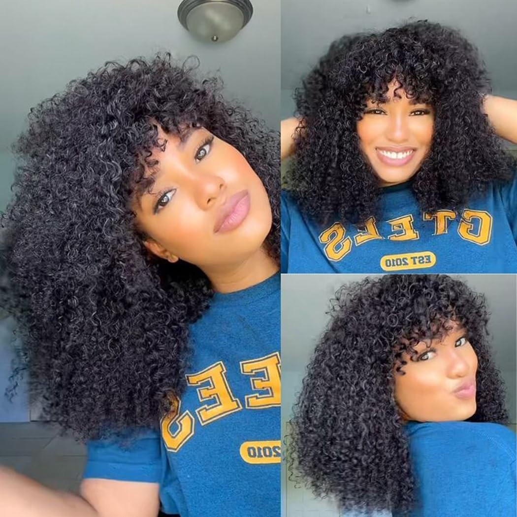 Afro Curly No Lace Front Wigs Human Hair with Bangs Glueless Machine Made Wigs