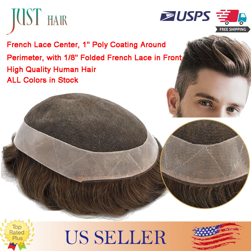 French Lace Front Mens Toupee Lace Hairpiece Poly Hair Replacement PU Around Wig