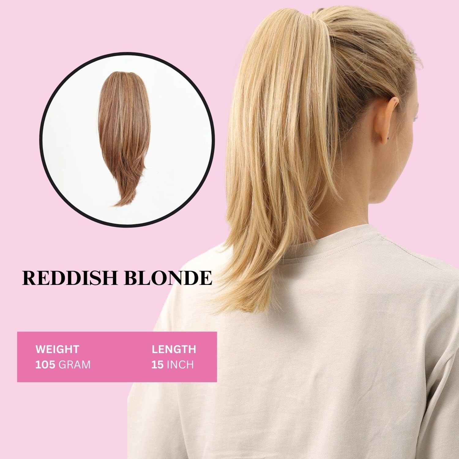 JUVABUN Straight ponytail 15”-Reddish Blonde|Claw 15 Inch, Reddish Blonde