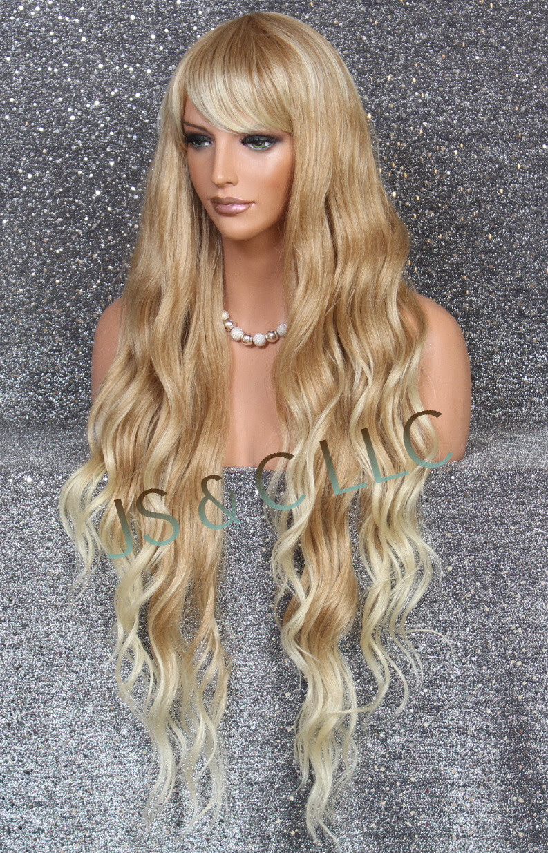 Human Hair Blend 40″ Long Full Wig Heat OK Wavy Blonde mix bangs JSSH 27-613
