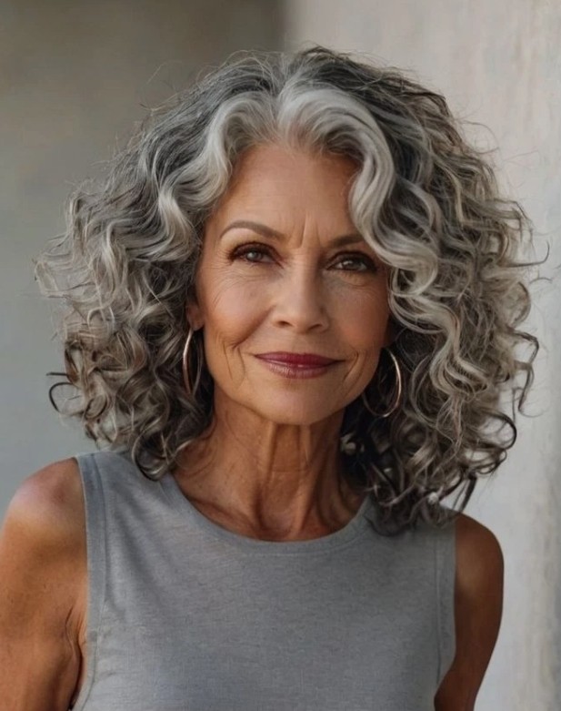 Women Short Bob Curly Silver Gray Wig with Blonde Highlight Wigs
