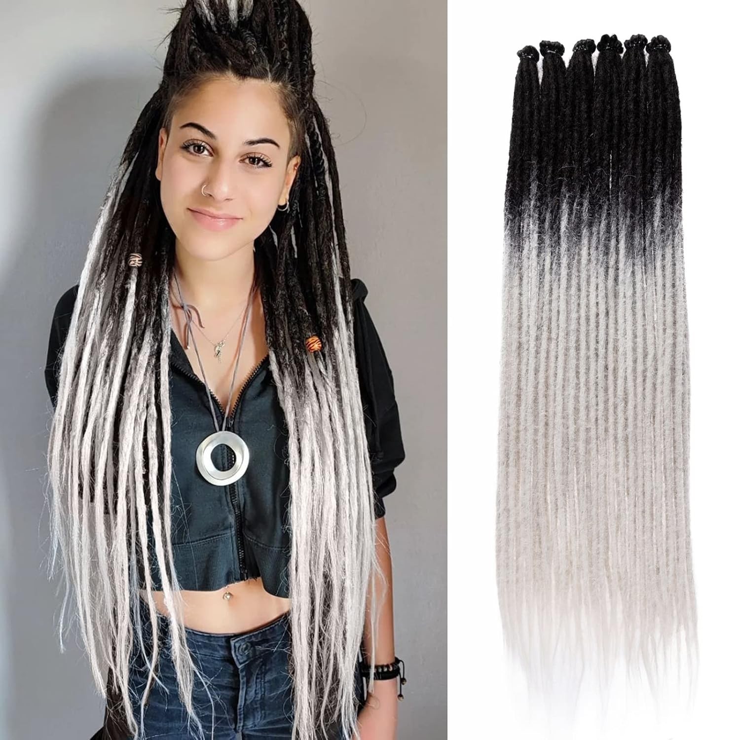 40 Strands Dreadlock Extensions 24 Inch Black to Grey Single Ended 0.6 cm Wid…