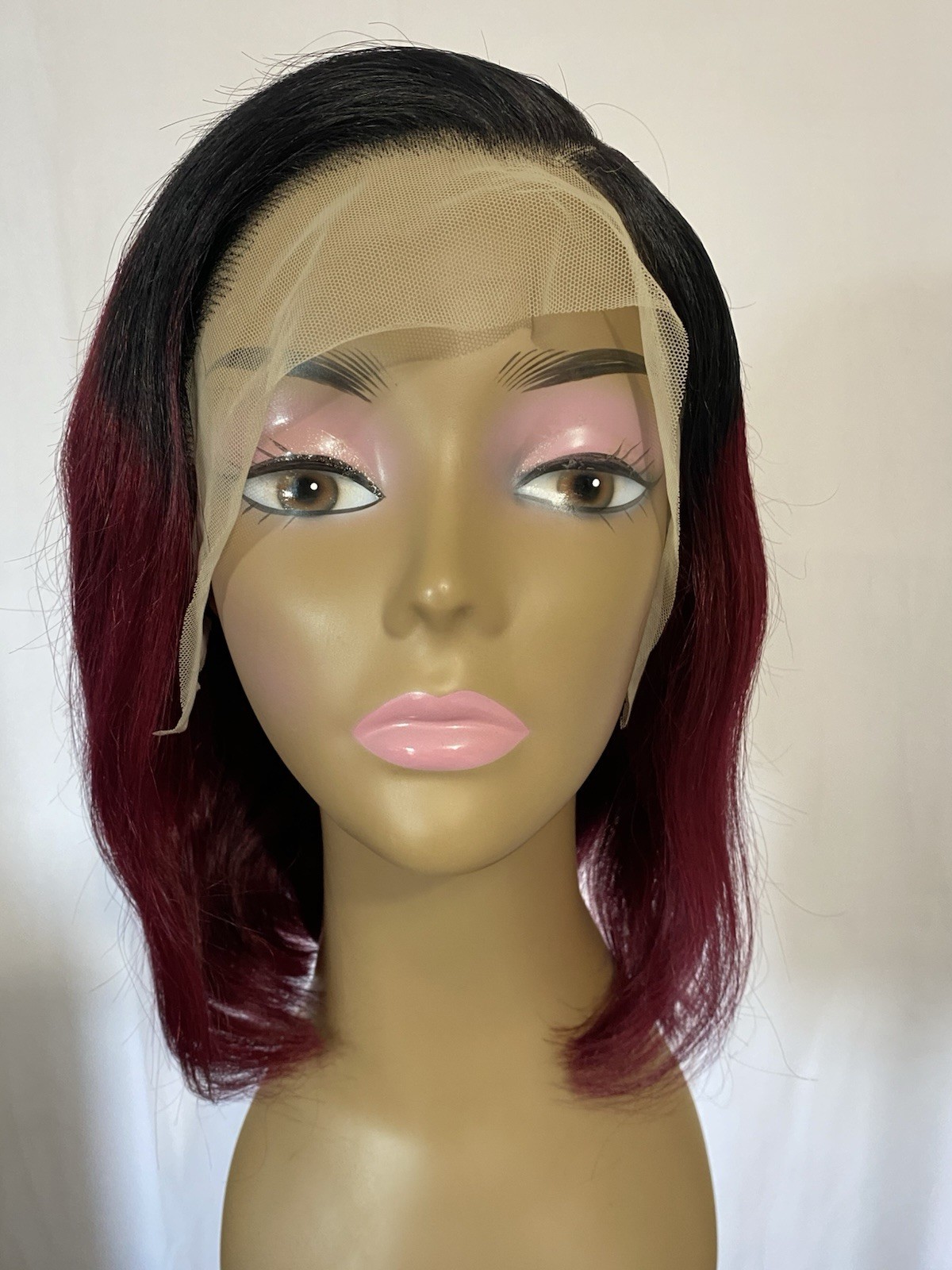 13×4 Lace Front Bob Wig 12” Ombre Burgundy T1B/99J 10A Human Hair Glueless 150%