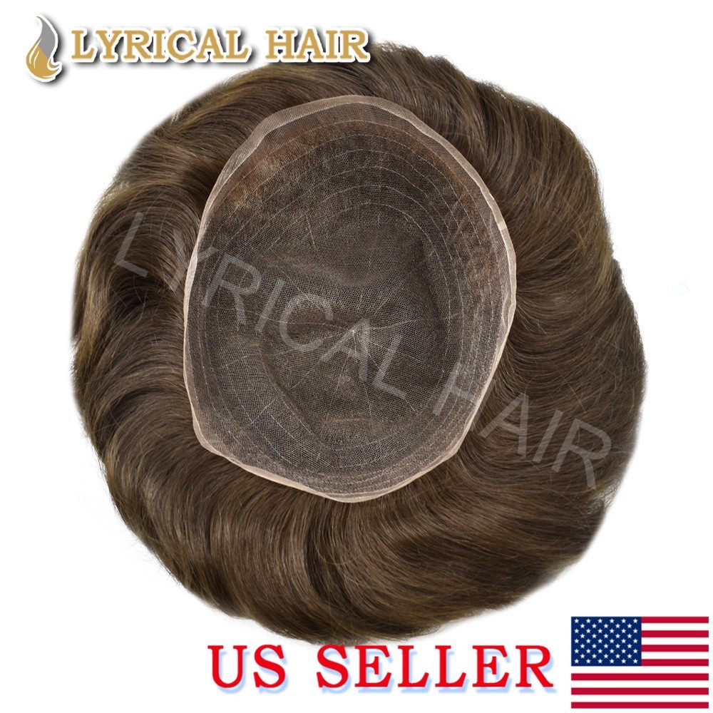 Full French Lace Mens Toupee Bleached Knots Gray Natural Human Hairpiece System