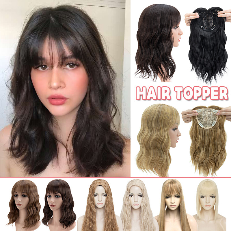 Toupee Topper Hair Hairpiece Full Head Clip In as Human Hair Extension w/ Bangs