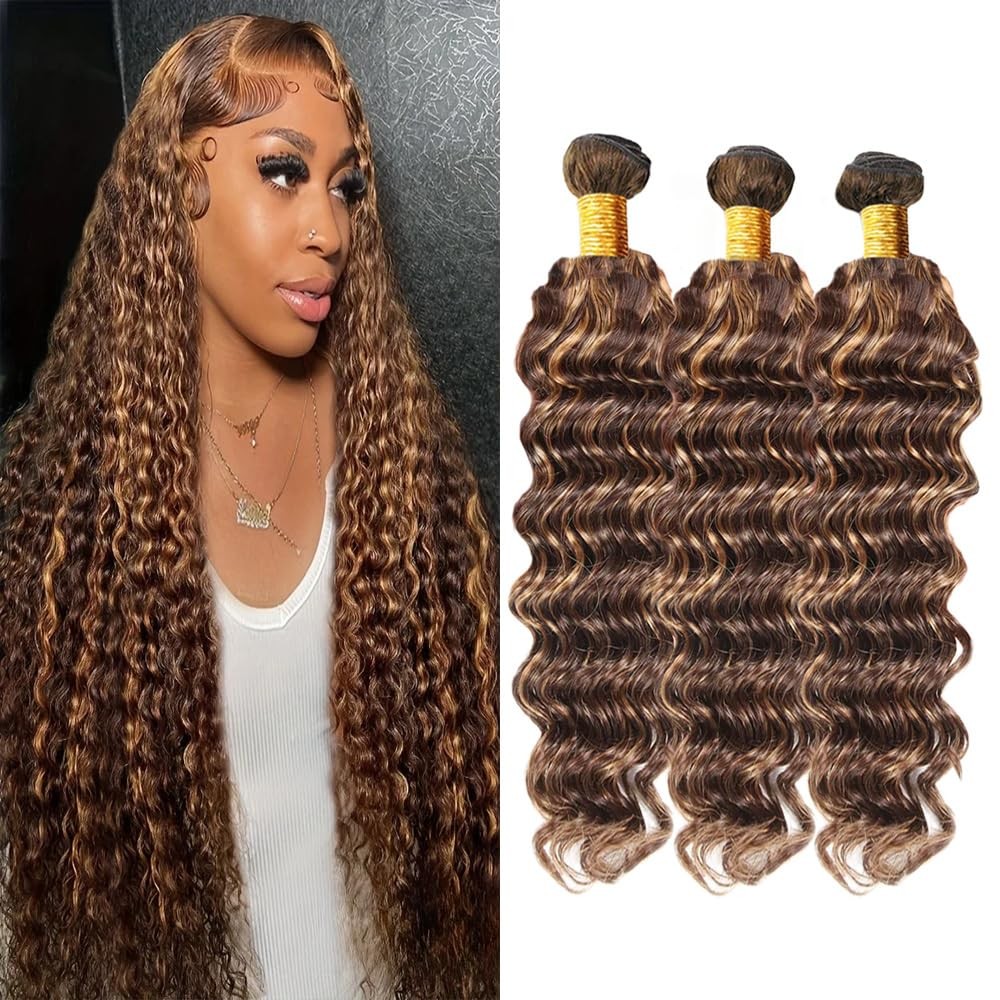 P4/27 Brown Highlight Honey Blonde Deep Wave Human Hair Bundles Brazilian Vir…