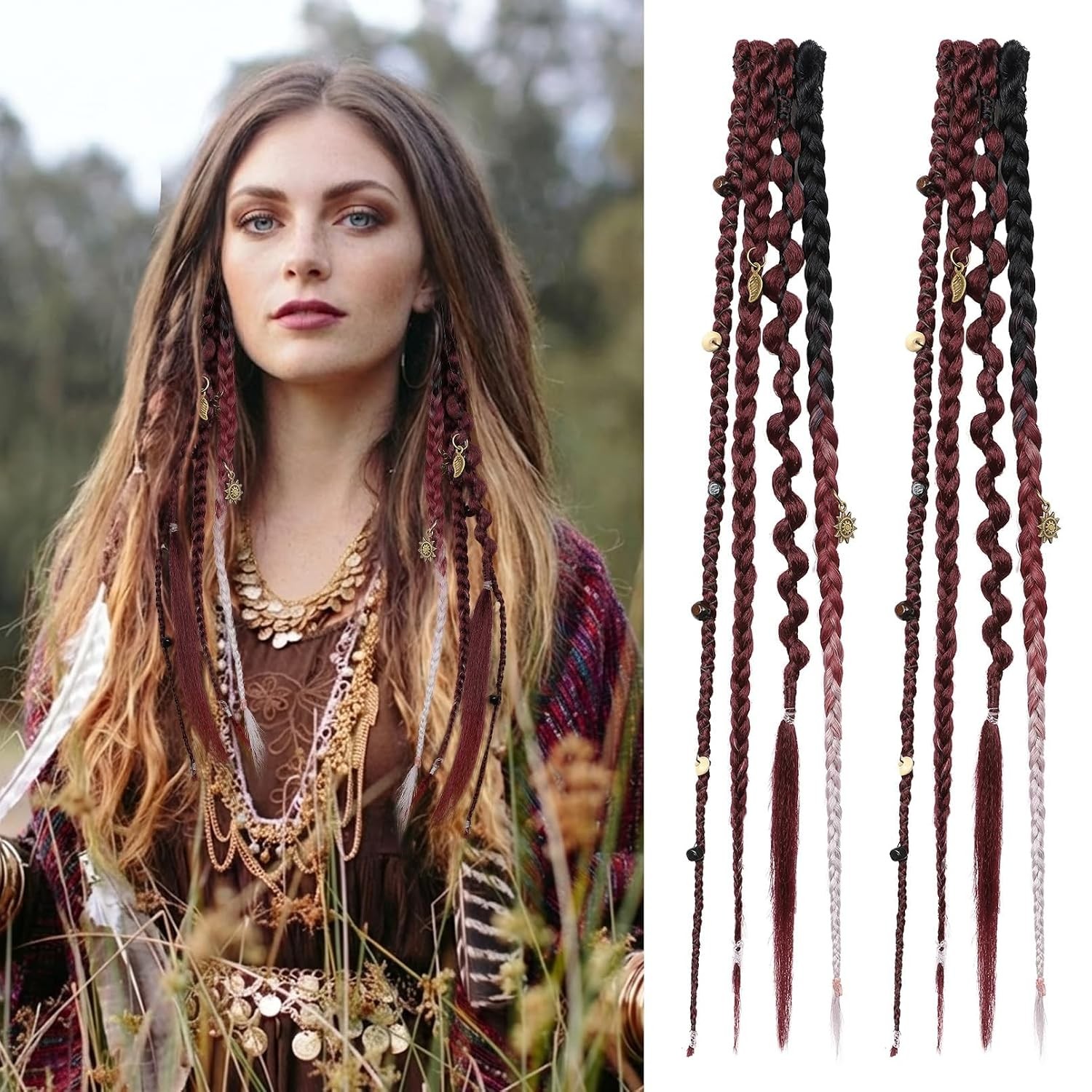 Clip in Braid Hair Extensions Women 20″ Boho Dreadlock Clip in Braids with Beads