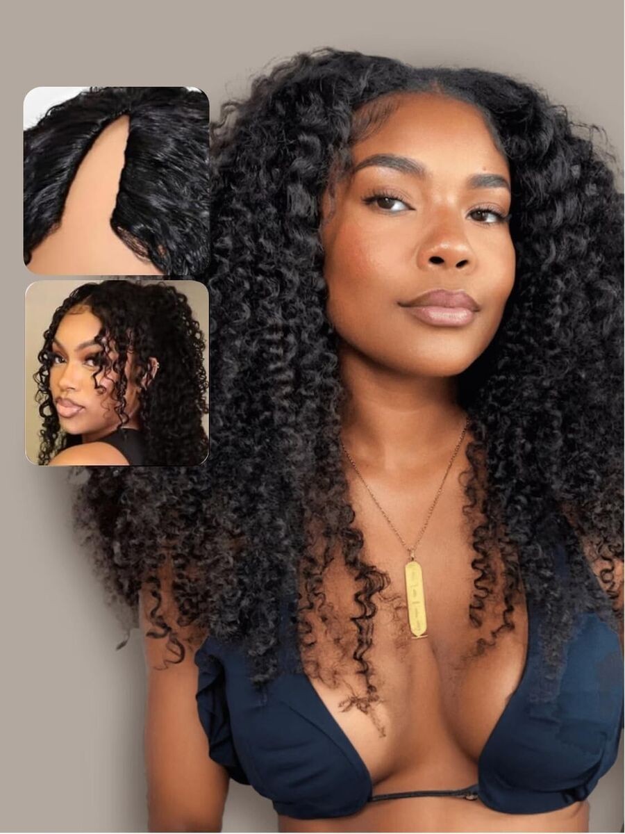 V Part Human Hair Curly Minimal/No Leave Out Upgrade U Part Wig for Women