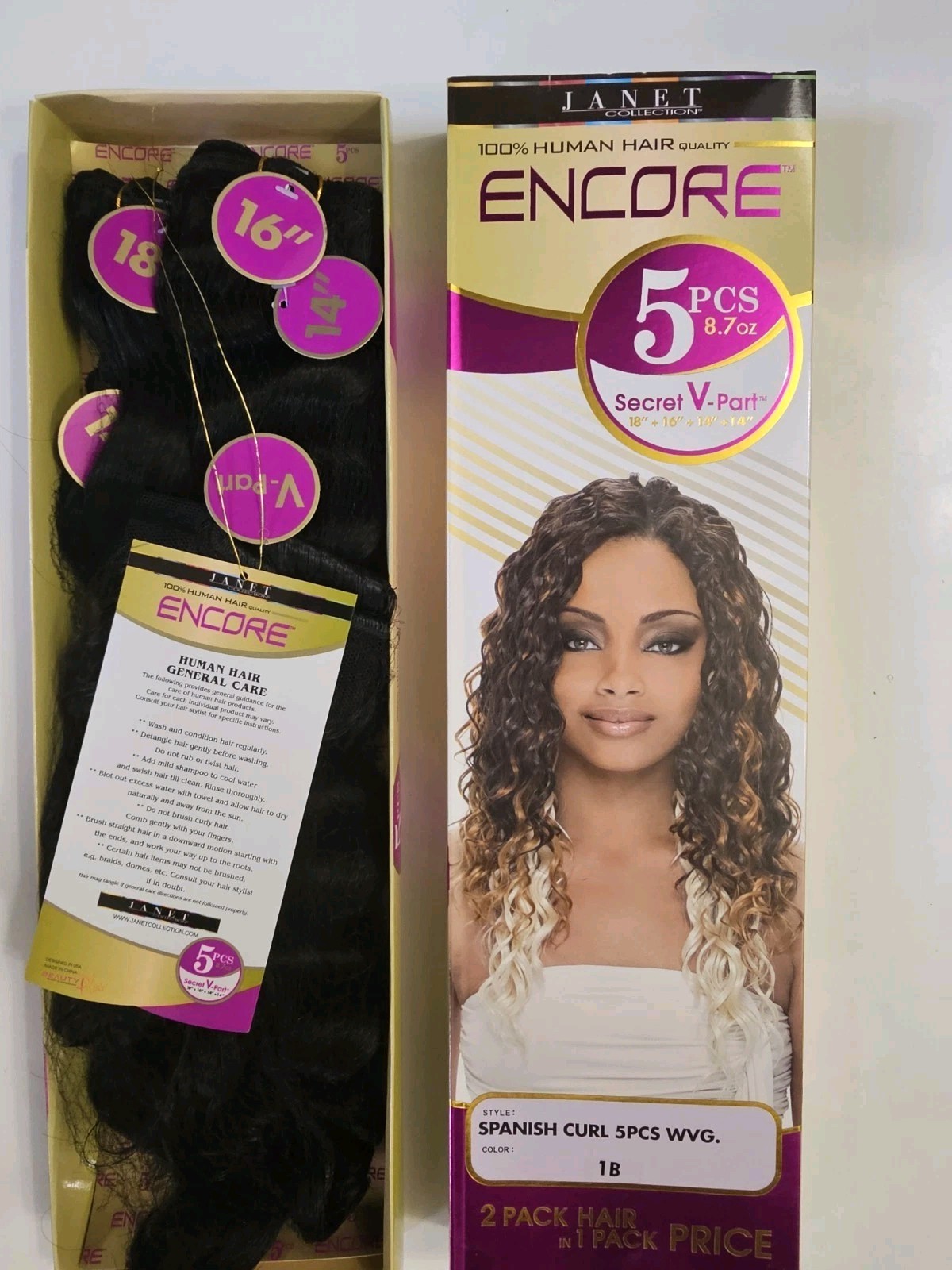 100% HUMAN HAIR QUALITY Encore Janet Spanish Curl 5 PIECES SECRET V PART