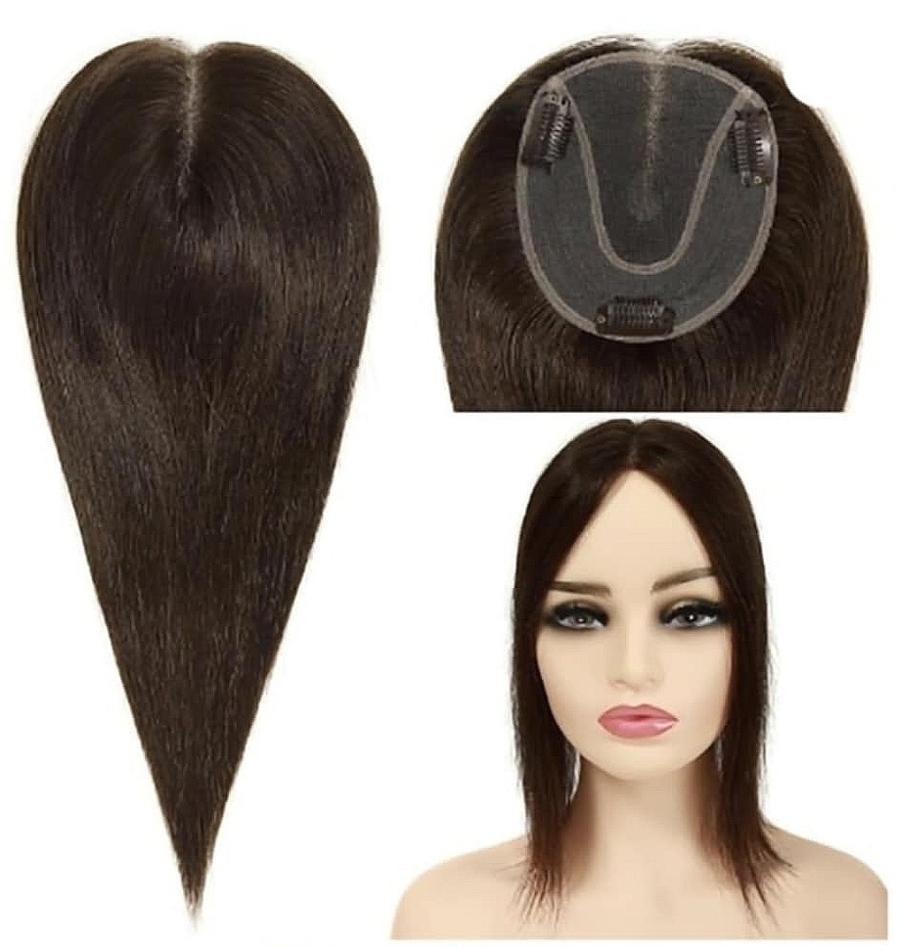 TOPUNIQUE 12 in 4.5″x5″ Remy Human Hair Topper * Swiss Lace Base * #4 Med. Brown