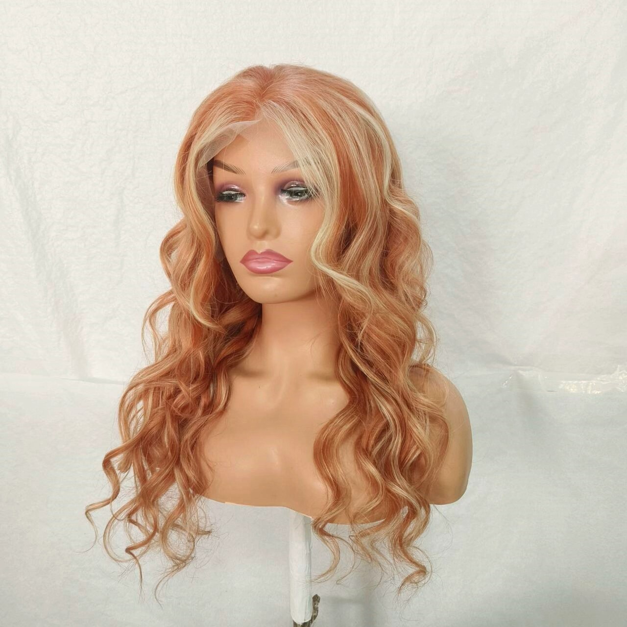long wave orange with Blond Highlight Lace Front Wig 100% Human Hair Wigs 18″