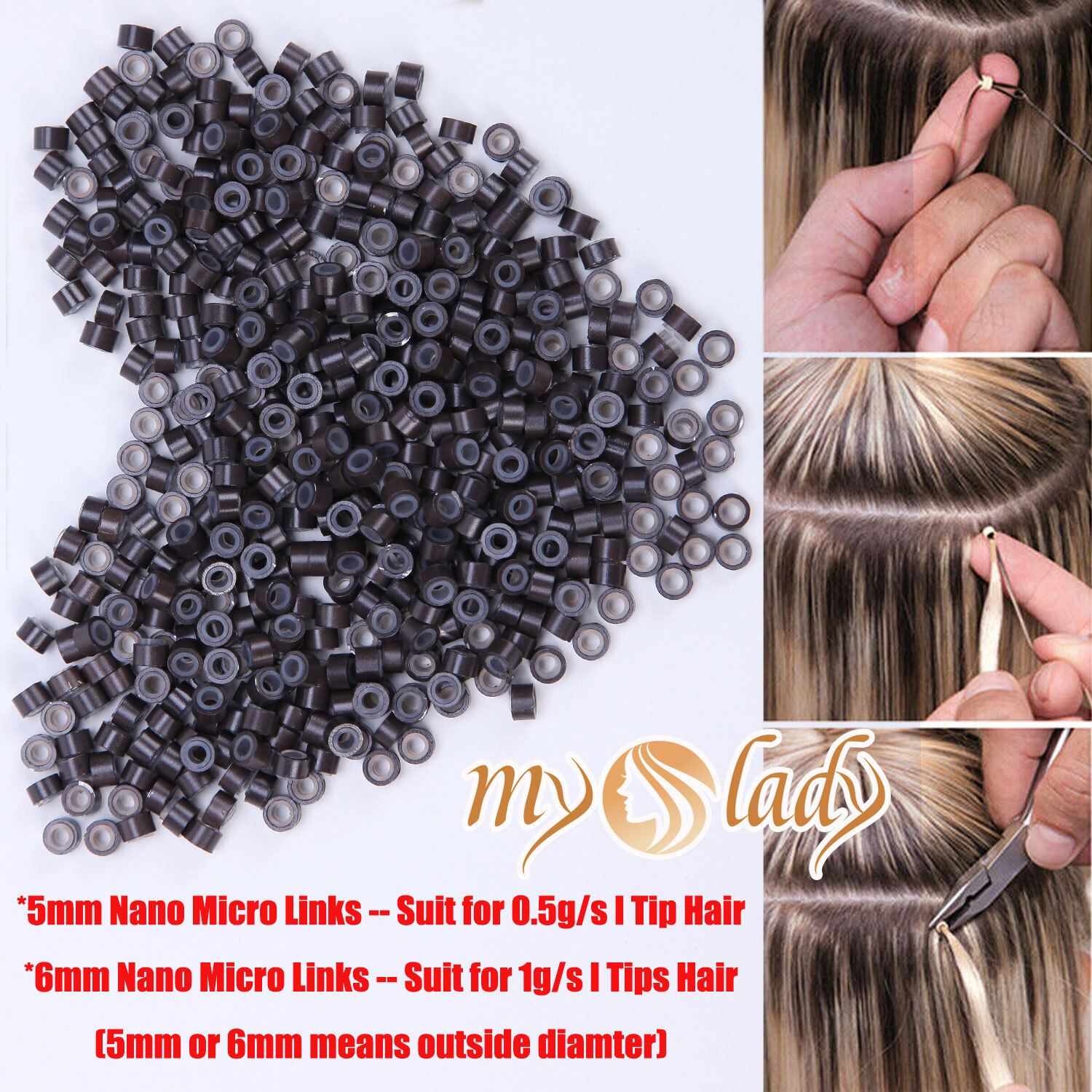 200-1000PCS Nano Ring Micro Links Beads Silicone Lined For I Tip Hair Extensions