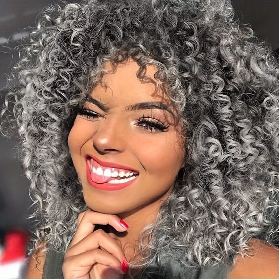 Short Black Grey Afro Curly Wave Synthetic Wig Heat Resistant Fashion Natural
