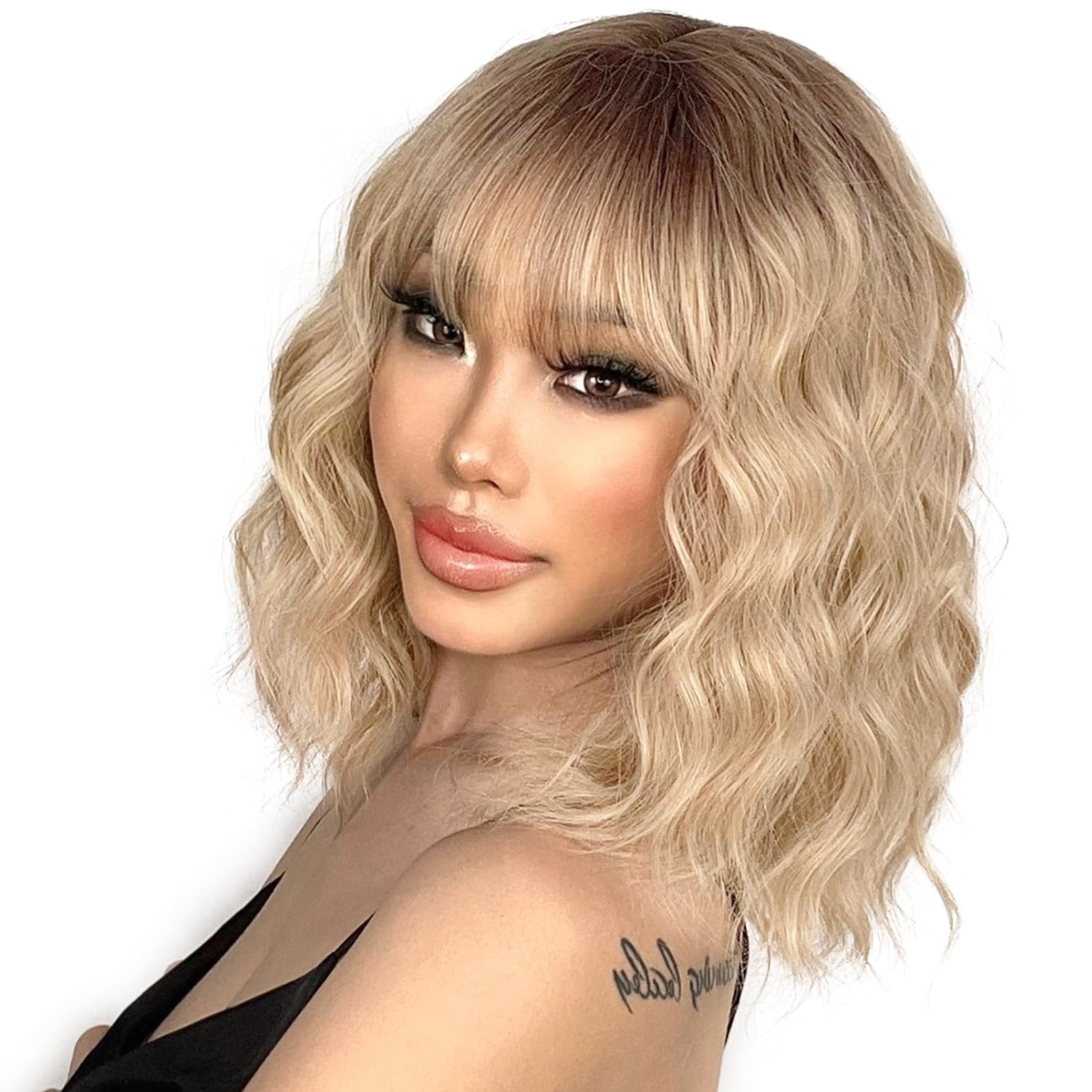 Blonde Wig with Bangs Synthetic Short Blonde Wigs for Women Dirty Blonde Wavy…