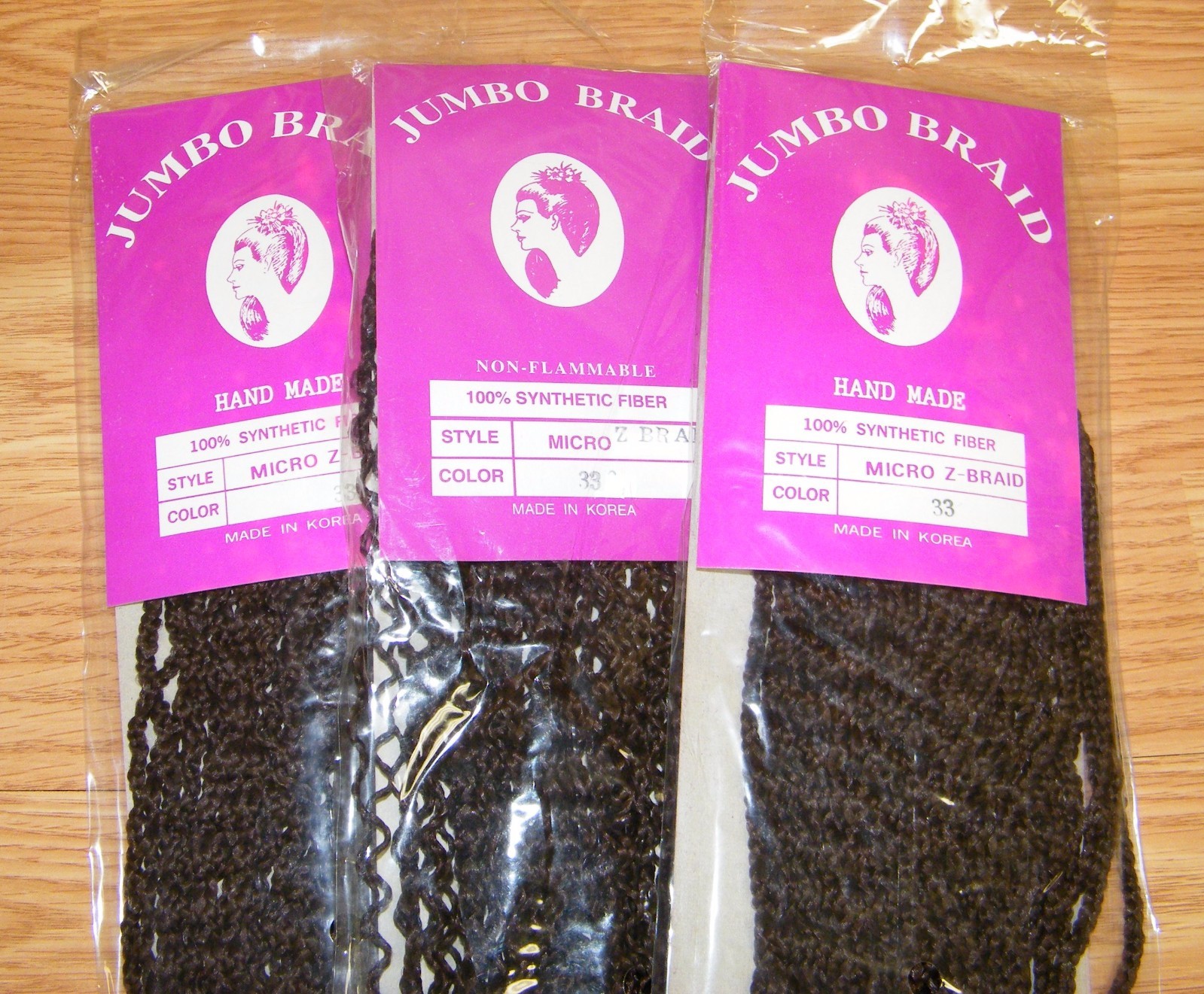 LOT of (3) Jumbo Non-Flammable 100% Synthetic Fiber Micro Z Braid #33 Extensions