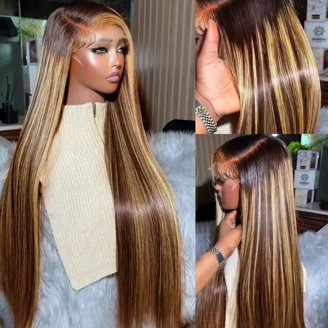 30 40 Inch 4/27 Highlight Ombre Straight 13×4 HD Lace Front Human Hair Wig Bone