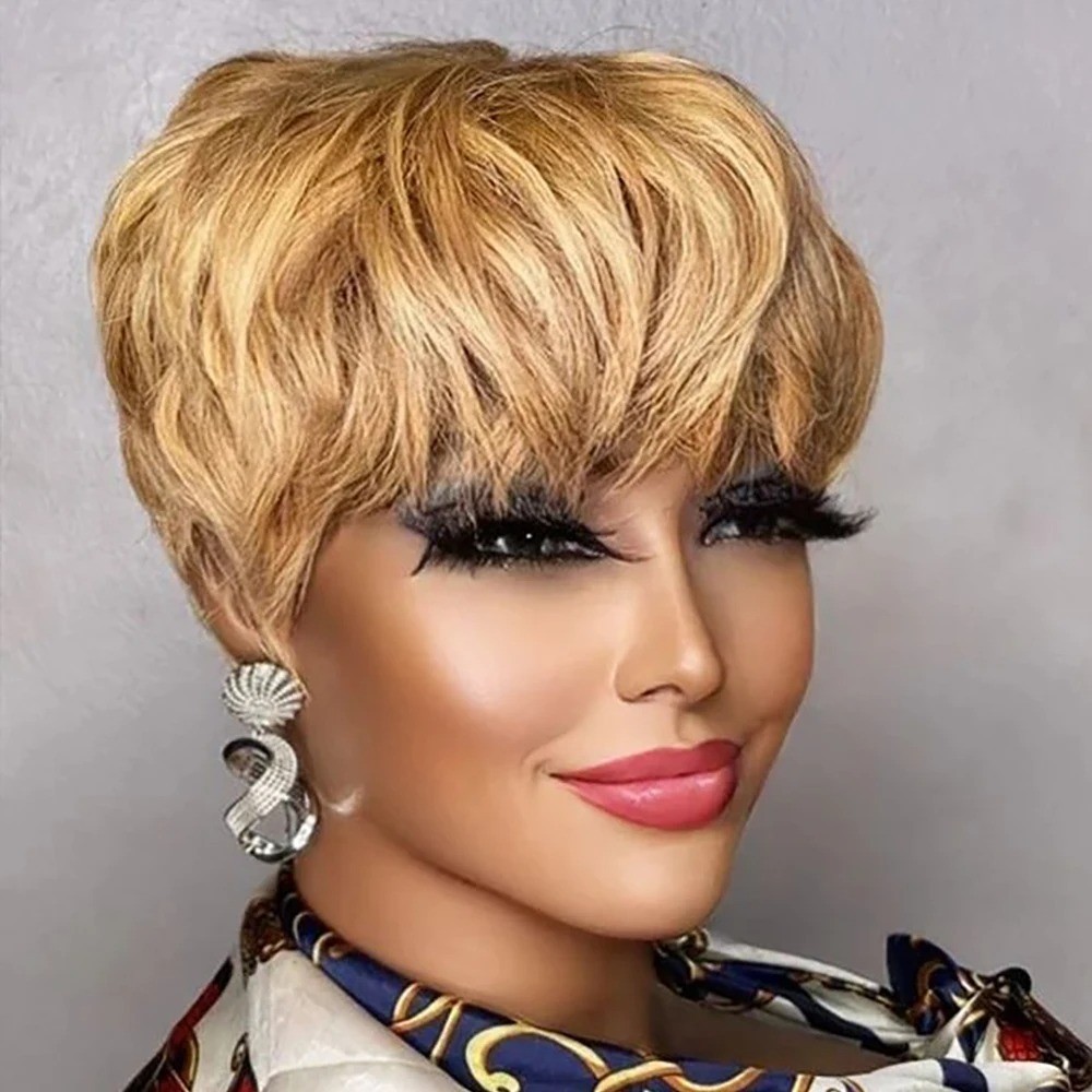 Brown Short Pixie Cut Wig Human Hair For Black Women Machine Made Wigs With Bang