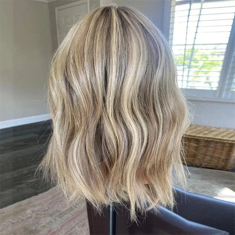 100% Human Hair Fashion Women’s Layered Medium Brown Mix Blond Wavy Wigs 14 Inch