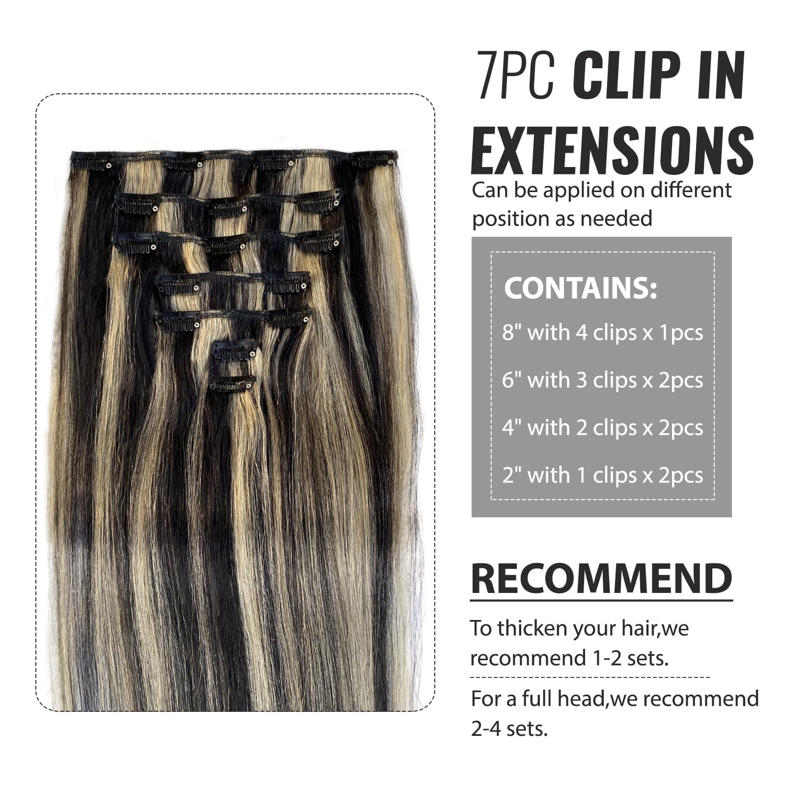 Clip in Hair Extensions Full Head 14 Inch 70g Natural Black Mix Blonde Highli…
